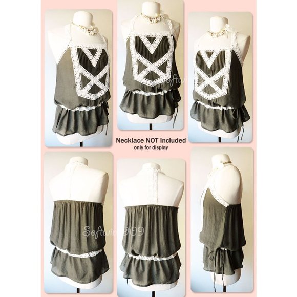 Olive Green Cream Lace Trim BOHO Gauze Airy Top - Picture 7 of 8